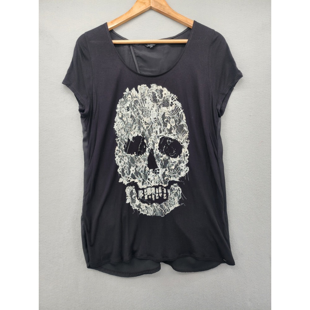 GUESS‎ Los Angeles Black Skull Lace Graphic Top Draped Satin Back Mixed Media M